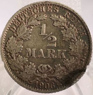 1906 - F Germany 1/2 Mark 90 Silver Coin photo