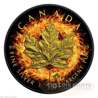 Burning Maple Leaf - 2016 1 Oz $5 Fine Silver Coin - Ruthenium Finish 24k Gold photo