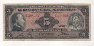 Honduras 5 Lempiras 1962 Pick 51b Vf - Circulated Banknote photo