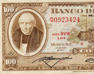 Mexico 1973 $100 Pesos Hidalgo Serie Bvw (q0923424) Note photo