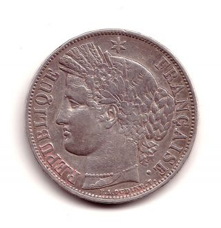French Coin 5 Francs Silver Cérès.  1850.  Strasbourg.  Grade Vf photo