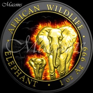 Burning Elephant 2015 Somalia 1 Oz Ruthenium & Gold Plated 999 Silver Coin photo