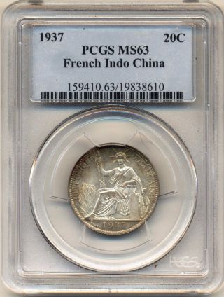 French Indo - China - 1937 Silver 20 Centimes - Pcgs Ms 63 photo