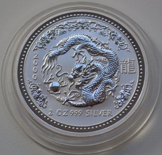 2000 Australia 2 Dollars,  Year Of The Dragon 2 Oz 999 Silver Coin photo
