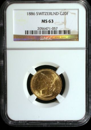 Switzerland 1886 Gold 20 Francs Ngc Ms - 63 Sharp Lustrous Looks Great photo