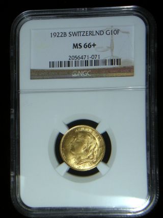 Switzerland 1922 Gold 10 Francs Ngc Ms - 66,  Sharp Lustrous Only 4 Graded Higher photo