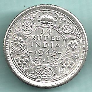 British India - 1943 - King George Vi Emperor - 1/4 Rupee - Rare Silver Coin photo