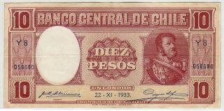 Banco Central De Chile 22.  11.  1933 10 Pesos And 7.  6.  1933 5 Pesos Both Vf/xf photo