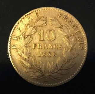 1866 A - Gold - France - 10 Francs - Napoleon Iii Coin - Paris photo