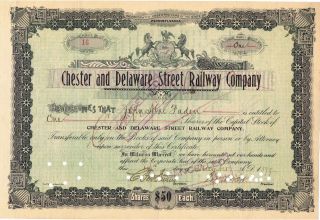 Chester And Delaware Street Railway Co Stock Certificate 1899 Low Number photo