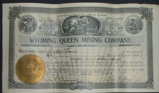 1903 Wyoming Queen Mining Company Stock Certificate,  Jelm,  Wyoming photo