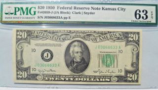 1950 Kansas City $20 Federal Reserve Note Fr.  2059 - J J/ablk.  Pmg Choice Unc.  63 E photo