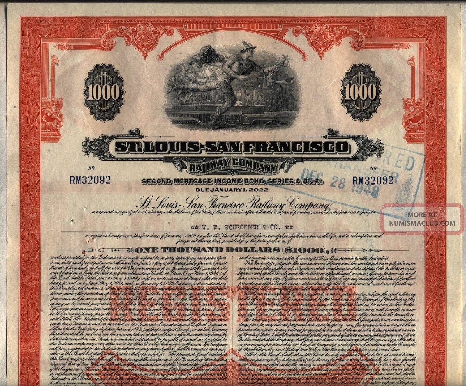 $1,  000 St.  Louis San Francisco Railway Bond Stock Certificate Frisco Railroad Transportation photo