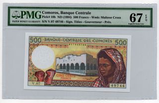 Comoros 500 Francs P 10b Pmg 67 Epq Unc B310 photo