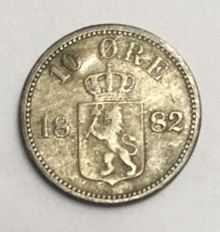Kingdom Of Norway,  Norwegian King Oscar Ii 1882 10 Ore Silver Coin. photo