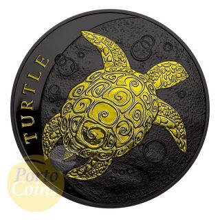 2016 1 Oz Silver Fiji Taku Turtle Black Ruthenium Gold Gilded Coin Box & photo