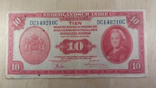 Netherlands East Indies 10 Gulden 1943 Rare Note,  Ww Ii Era Collector Currency photo