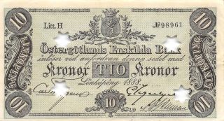 Sweden 10 Kronor Ostergotland 1888 S 733b Litt.  H Rare Circulated Banknote photo