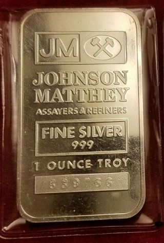 Johnson Matthey 1.  0 Oz 999 Silver Bar,  Serialized (vintage - Old Issue) photo