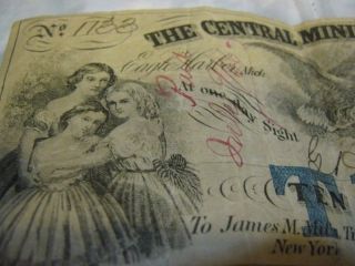 $10 Central Mining Company 1866 (blue Overprint) Signed Obsolete Note Michigan photo