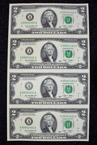 Uncut Sheet $2 Two Dollar Bills (x4) U.  S Uncut Currency Uncirculated 2009 Pm267 photo
