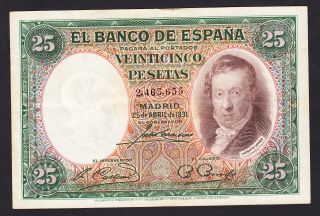 Spain 25 Pesetas 25 - 04 - 1931 Fine P.  81,  Banknote,  Circulated photo
