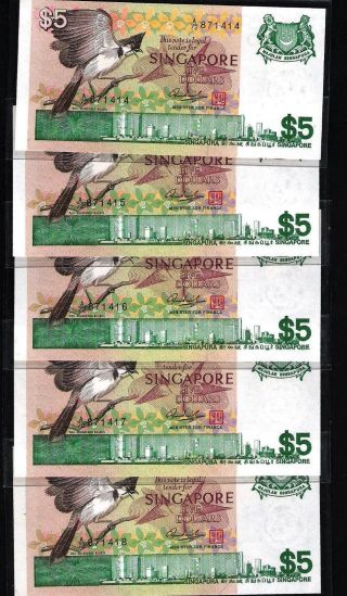 Singapore Bird Series $5 Paper Banknote 5 Running Numbers Unc photo