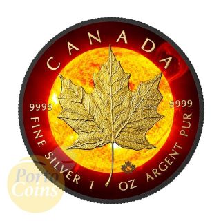 2015 Canada $5 Solar Flare Maple Leaf 24k Gold & Ruthenium 1 Oz Silver Coin photo