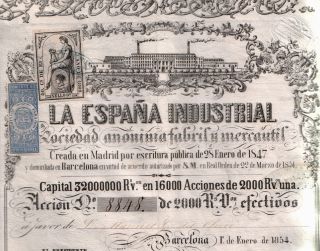 1854 2000 Reales Industrial Bond Of Spain W Lovely Rare Stamps (10 Kinds) photo