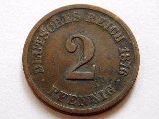 2 Pfennig 1876 F.  German Empire Coin.  Km 2.  Very Fine.  H1465 photo
