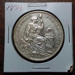 Peru 1894 Silver Un Sol - Au / Uncirculated - Coin - A photo