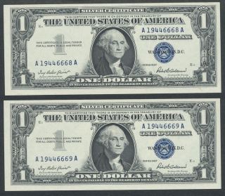 Series 1957 2 Consecutive $1 One Dollar Silver Certificates Cu photo