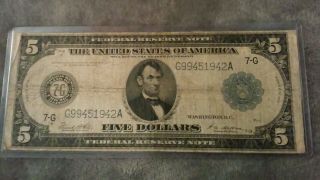 1914 $5 Five Dollar Federal Reserve United States Note,  Horse Blanket photo
