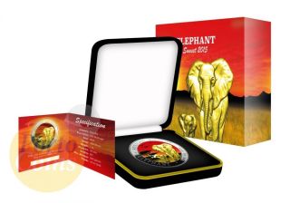 2015 1 Oz Fine Silver Elephant Somalia African Sunset 24k Gold Gilded Box&coa photo