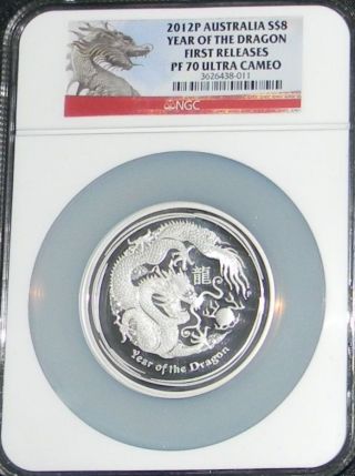 2012 - P Ngc Pf70 Ultra Cameo 5 Oz.  999 Silver $8 Australia Year Of The Dragon photo
