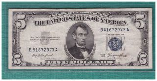$5 1953 Five Dollars Bill Blue Seal Silver Certificate Note Old Currency F912 photo