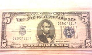 1934 $5 Circulated Banknote / Silver Certificate photo