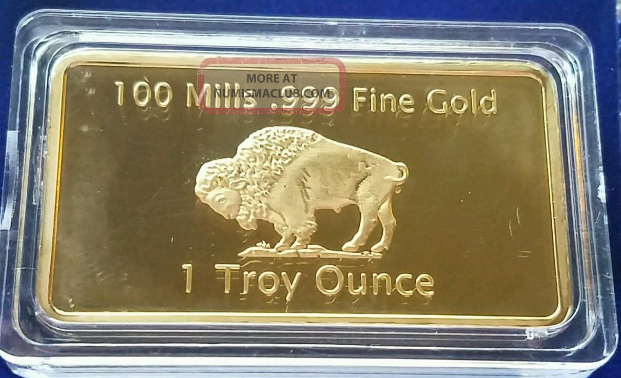 1 Troy Ounce Gold Buffalo Bar 100 Mills Clad. 999 24k Bullion Bar.