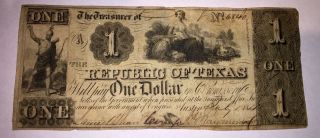 Republic Of Texas $1 July 1,  1841 A 6840.  Issued In Austin.  Circulated photo