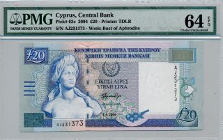 Central Bank Cyprus 20 Pounds 2004 Pmg 64epq photo