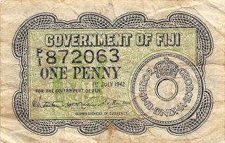 Fiji 1 Penny 1.  7.  1942 Ww Ii Issue Circulated Banknote photo