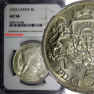 Latvia Silver 1932 5 Lati Ngc Au58 Better Date Mintage - 600,  000 Milda Km 9 photo