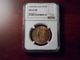 1949 Ireland Penny Copper Coin Ngc Ms - 63 Rb photo