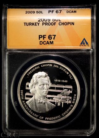 2009 Turkey 50 Lira Silver Proof Anacs Pf67 Chopin photo