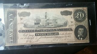 1864 Confederate States America $20 Twenty Dollar Bill Civil War Currency Note photo