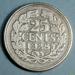 Netherlands 25 Cents 1928 Fine/very Fine 0.  6400 Silver Coin photo