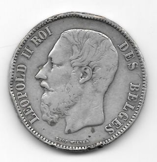 1872 Belgium Leopold Ii Roi 5 Fronc Silver Coin. photo