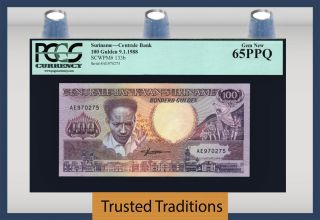Tt Pk 133b 1988 Suriname Centrale Bank 100 Gulden Pcgs 65 Ppq Gem photo