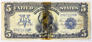 1899 $5 Silver Certificate Indian Chief Onepapa 5 Dollar Bill Blue Seal photo