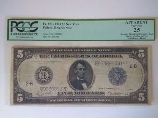 5$ Dollars 1914 Series Very Rare Signature Combination Vf photo